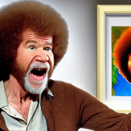 Image similar to bob ross screaming at his painting