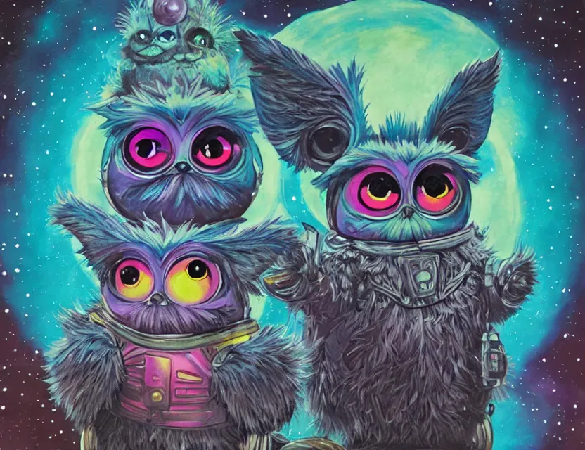 Prompt: the elder furby ruling over the galaxy. this gouache painting by the award - winning mangaka has dramatic lighting, an interesting color scheme and intricate details.