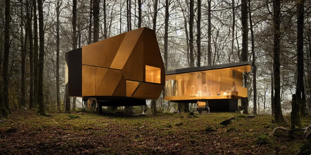 Image similar to modern tiny house in an ominous forest designed by zaha hadid, cinematic lighting, deep focus, sharp focus, golden ratio, dramatic illumination, hdr, ultra realistic, 8 k, highly detailed, trending on artstation, epic composition, by caravaggio, by artemisia lomi gentileschi