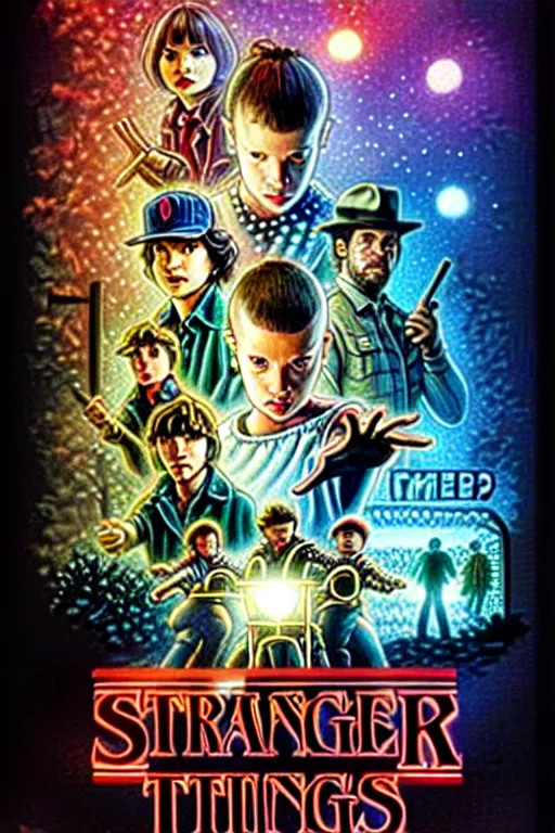 Image similar to Stranger Things poster by Matt Groening, high resolution, hyper detailed, intricate, illustrated, all cast members !n-9