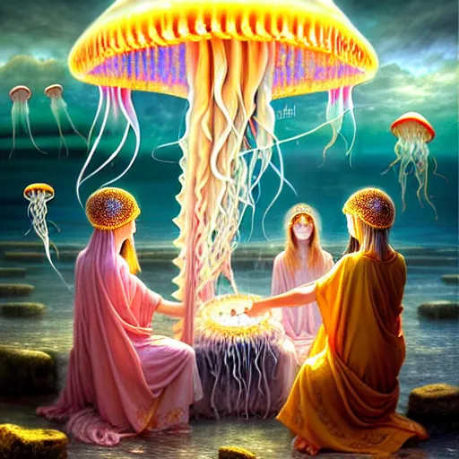 Image similar to A painting of priestesses worshipping at the jellyfish temple, shrouded in mist, jellyfish god, jellyfish priestess, jellyfish shrine maiden, 8K, illustration, art by Lilia Alvarado, Sophie Anderson, Mark Arian, Bob Byerley, Charlie Bowater, Mark Brooks, Steve Henderson, Justin Gerard, Arthur Hughes, Edward Robert Hughes, Mark Keathley, Victor Nizovtsev, Carlos Shwabe, Ross Tran, WLOP, smoke, undersea temple with fish, cinematic, insanely detailed and intricate, hypermaximalist, elegant, super detailed, award-winning, magenta and crimson and cyan, rainbow accents, iridescence, bioluminescence, mysterious, ancient, ritual, trending in cgsociety, artstation HQ, ornate, elite, haunting, matte painting, beautiful detailed, insanely intricate details, dreamy and ethereal, otherworldly