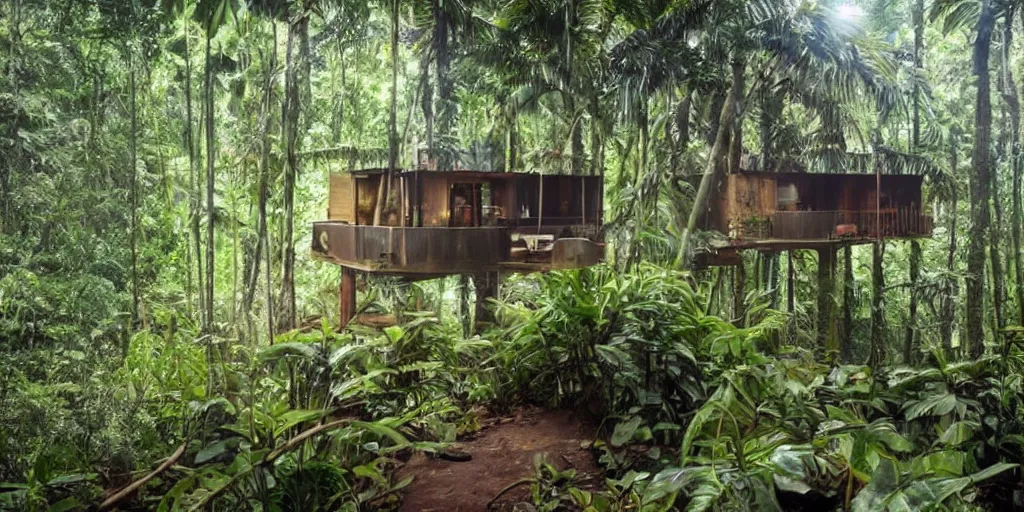 Image similar to a dream recording studio in the jungle by james gurney