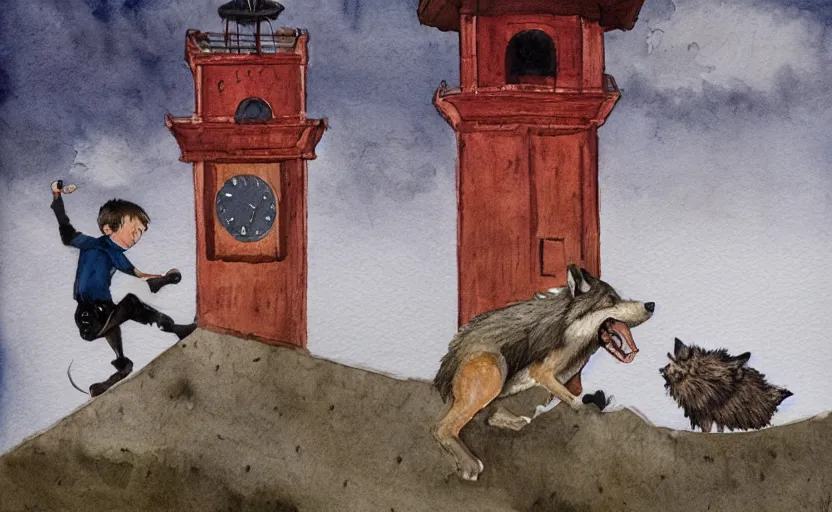 Image similar to a boy fighting a wolf on the edge of a clocktower, by oliver jeffers, watercolor, print