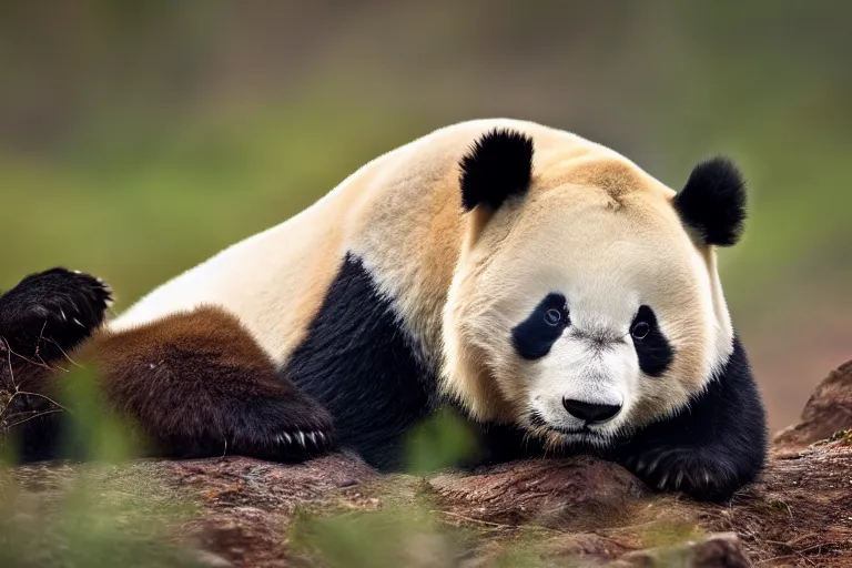 Prompt: a panda lion!!! hybrid! hyper realistic!! realistic lighting!! wildlife photographer of the year!!! bold natural colors, national geographic, hd, wide angle, 8 k