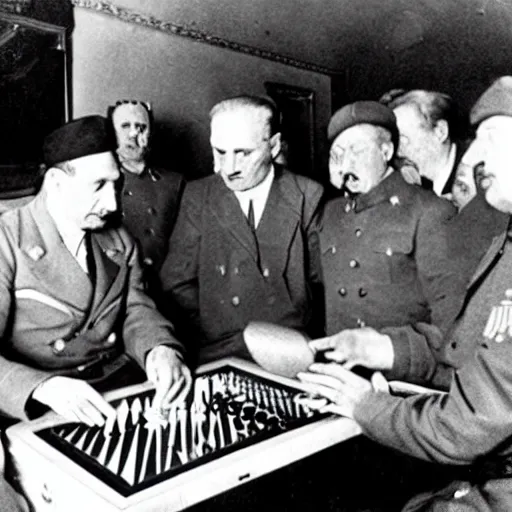 Prompt: Mussolini plays backgammon with Stalin,