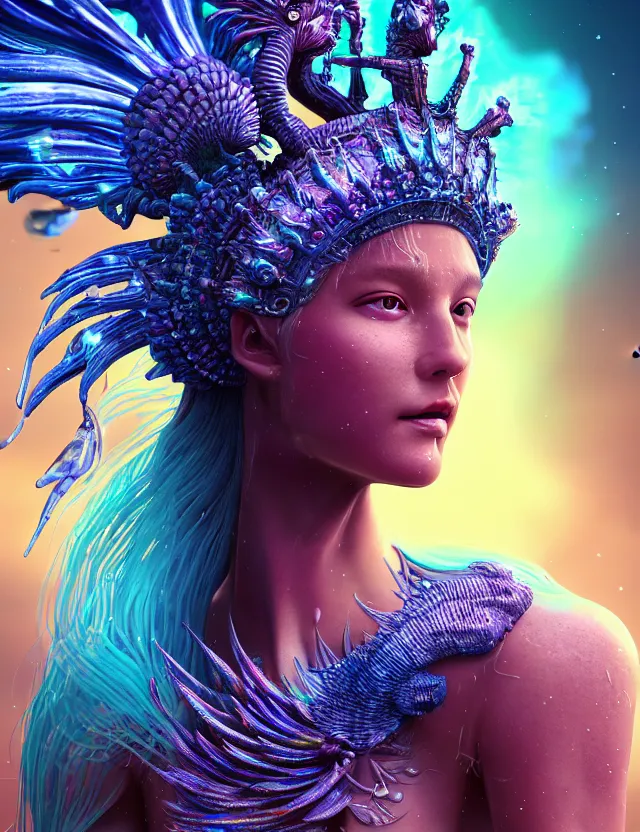 Image similar to render of goddess macro close - up portrait with crown made of phoenix ram skull. betta fish, jellyfish phoenix, bioluminiscent, plasma, ice, water, wind, creature, super intricate ornaments artwork by tooth wu and wlop and beeple and greg rutkowski