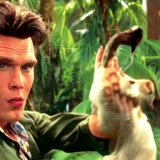 Image similar to Live Action Still of Jerma985 in Ace Ventura: Pet Detective, real life, hyperrealistic, ultra realistic, realistic, highly detailed, epic, HD quality, 8k resolution, body and headshot, film still