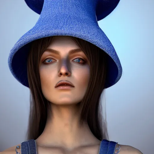 Prompt: fantasy witch wearing a blue hat, extreme detail, octane render, trending on artstation, 4 k, medium shot, symmetrical, bokeh, volumetric lighting, subsurface scattering.