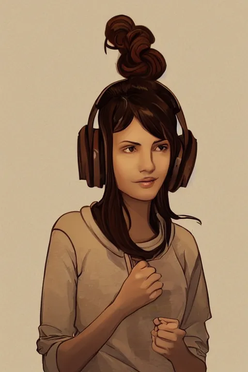 Image similar to georgian girl looking to the left, wearing beats headphones. short brown hair, white jumper. lit from the right side, orange light. centered median photoshop filter cutout vector behance hd artgerm jesper ejsing!