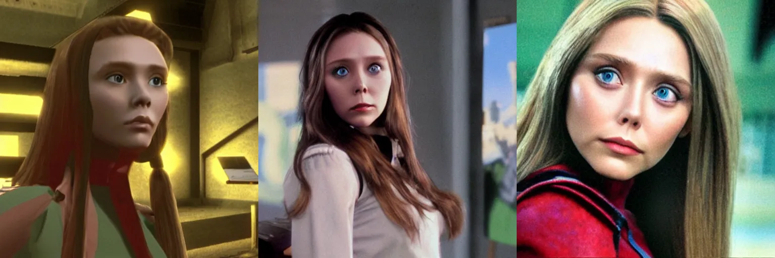 Prompt: a still of elizabeth olsen in ps1 game