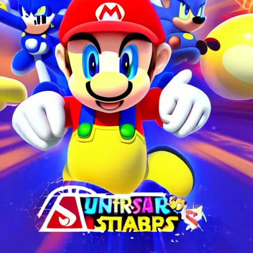 Image similar to super mario, kirby, sonic the hedgehog, super smash bros, star wars themed movie poster high detail accurate eyes and good gesture poses, pokemon anime cartoon style