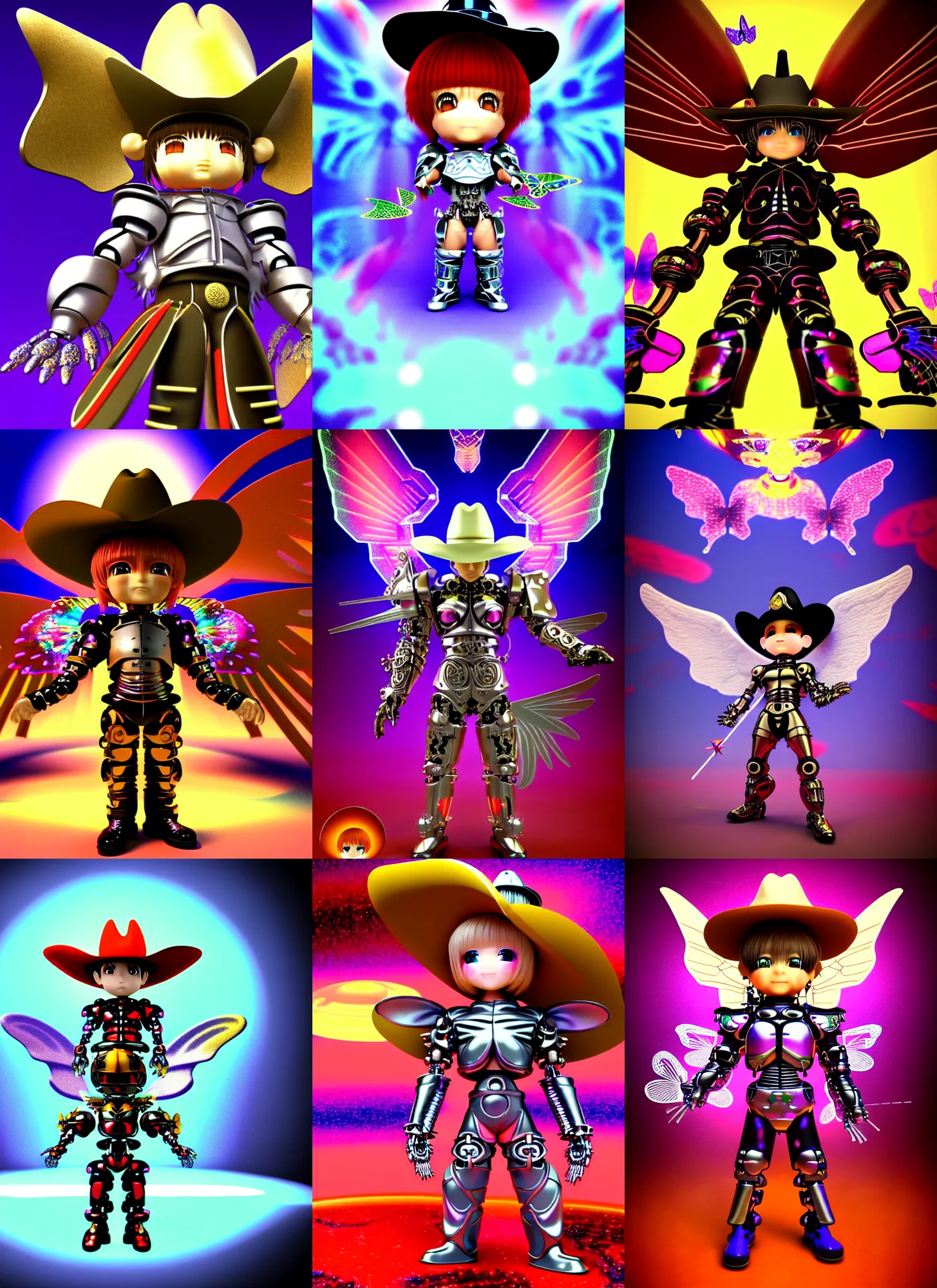 Prompt: 3 d render of chibi cyborg knight by ichiro tanida wearing a big cowboy hat and wearing angel wings against a psychedelic background with 3 d butterflies and 3 d flowers n the style of 1 9 9 0's cg graphics 3 d rendered y 2 k aesthetic by ichiro tanida, 3 do magazine, medium wide shot