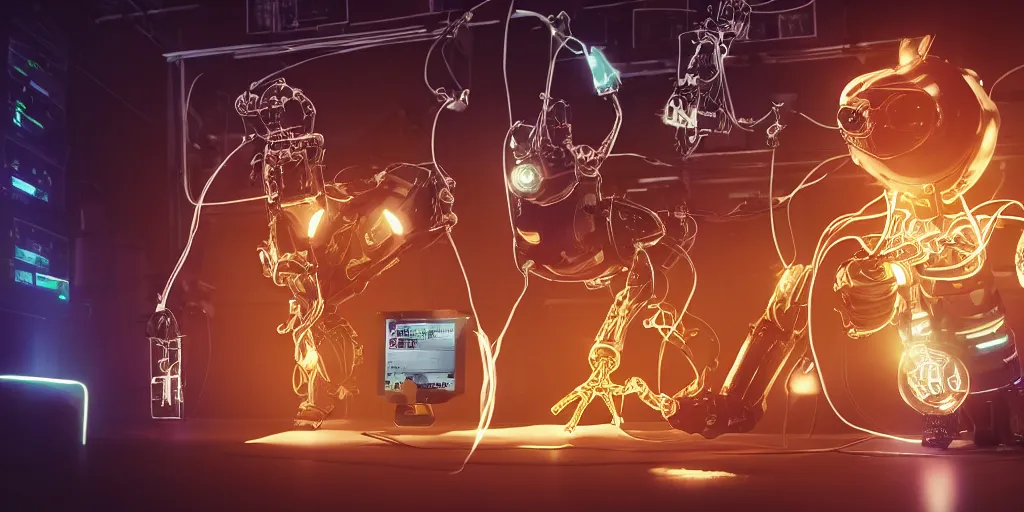 Prompt: Rabbit with robotic arm, with glowing battery on chest, in laboratory, playing doctor demon, lots of wires and glowing screen, dramatic lighting, photorealistic, cinematic lighting, high detail, cinematic feel, high octane, 4K, Unreal Engine, digital render, intricate, ultra realistic