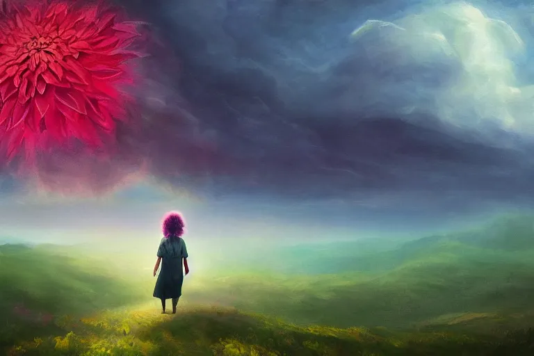 Image similar to giant dahlia flower as a head, girl walking on mountain, surreal photography, stars, dramatic light, impressionist painting, storm clouds, digital painting, artstation, simon stalenhag