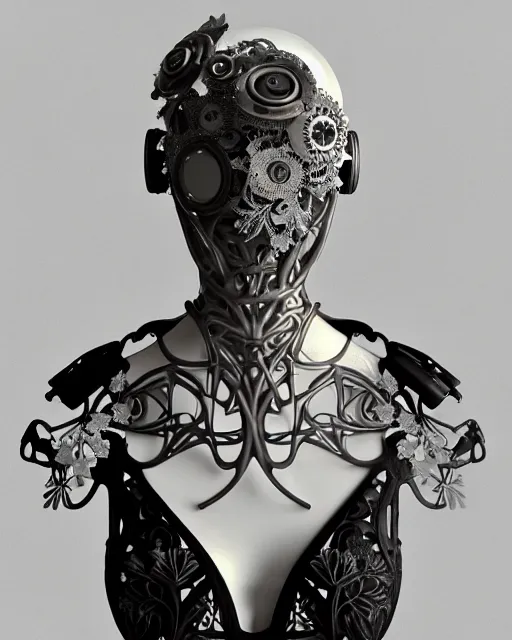 Image similar to monochrome 3 d model, 1 9 1 0 picture, silver mesh floral steampunk biomechanical beautiful young female cyborg with porcelain profile face and a techno eye, volumetric light, leaves foliage and stems, hibiscus flowers, sinuous fine roots, fine foliage lace, alexander mcqueen, rim light, big gothic fashion pearl embroidered collar, octane render, 8 k