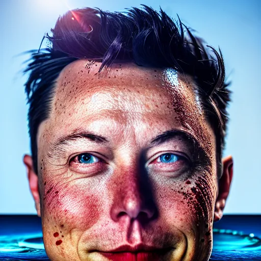 Prompt: water artwork manipulation in the shape of the head of elon musk, on the ocean water, ray tracing, realistic water sharp focus, long shot, 8 k resolution, cinematic, amazing water art