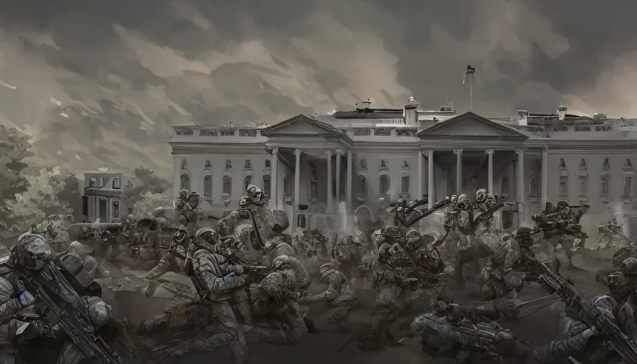 Prompt: white house invaded by undeads with troops on the roof firing at them, hyperdetailed, artstation, cgsociety, 8 k