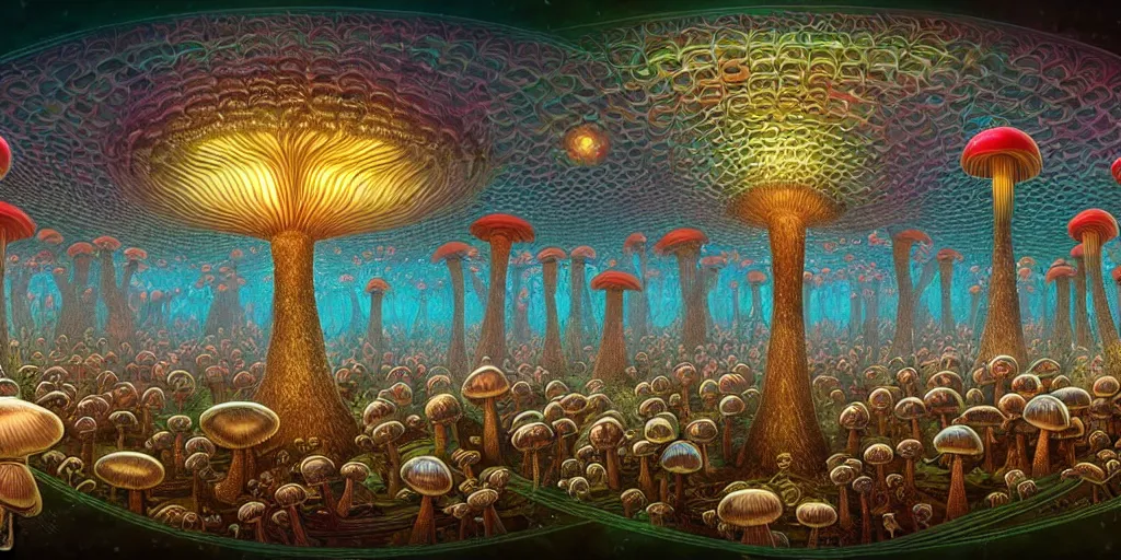 Image similar to 360 degree panoramic, anthropomorphic mushroom carnival attractions portrait, Art Deco nature, fantasy, intricate art deco mushroom designs, elegant, highly detailed fractals, sharp focus, fractal big top, equirectangular, 360, panoramic equirectangular, art by Artgerm and beeple and Greg Rutkowski and WLOP