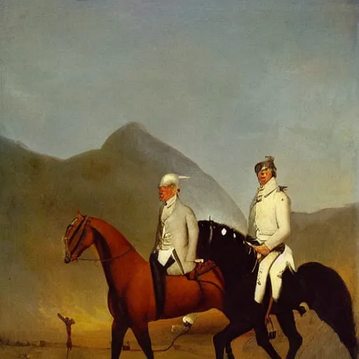 Image similar to an epic painting of hegel standing on a street, seeing napoleon ride by on a horse, oil on canvas,