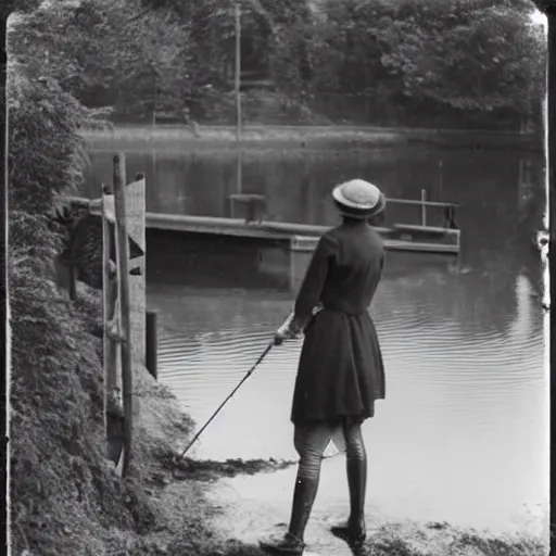 Prompt: a young edwardian woman fishing from a small wooden pier in a pond, black and white photograph