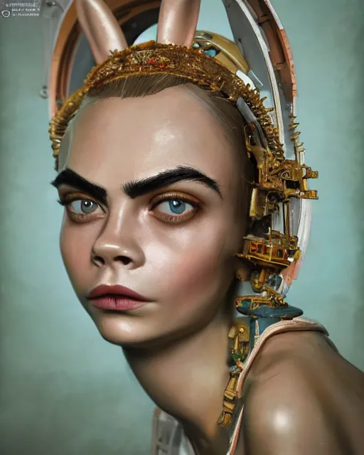 Image similar to closeup face profile portrait of cara delevingne as a tin toy soviet chernobyl space rabbit, bikini, depth of field, zeiss lens, detailed and intricate environment, fashion photoshoot by nicoletta ceccoli, mark ryden, lostfish, breathtaking, 8 k resolution, artistic, hyperrealistic, octane render