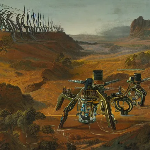 Image similar to a machine with 6 mechanical arms painting a landscape