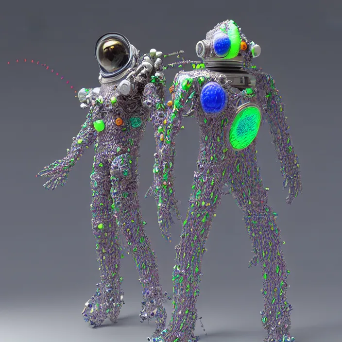 Image similar to a cybernetic symbiosis of a single astronaut mech-organic eva suit made of pearlescent wearing anodized thread knitted shiny ceramic multi colored yarn thread infected with kevlar,ferrofluid drips,carbon fiber,ceramic cracks,gaseous blob materials and diamond 3d fractal lace iridescent bubble 3d skin dotted covered with orb stalks of insectoid compound eye camera lenses orbs floats through the living room, film still from the movie directed by Denis Villeneuve with art direction by Salvador Dalí, wide lens,