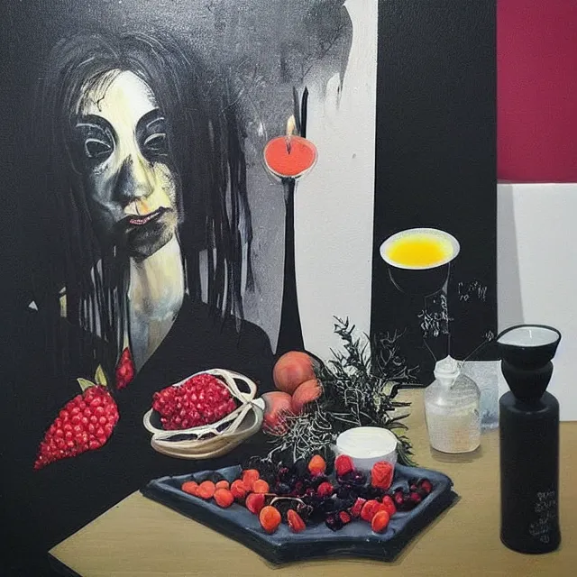 Image similar to “ a portrait in a female art student ’ s apartment, sensual, a pig theme, art supplies, paint tubes, ikebana, herbs, a candle dripping white wax, black walls, squashed berries, berry juice drips, acrylic and spray paint and oilstick on canvas, surrealism, neoexpressionism ”