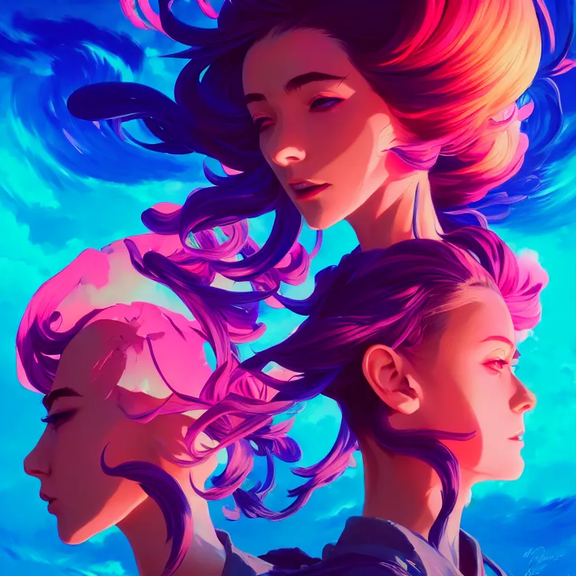 Prompt: side profile macro portrait, medium shot, supermodel anime girl with synthwave flower, gloomhaven, colorful swirly retrowave style fantasy poster, by greg manchess, lois van baarle, sachin teng, greg rutkowski, jesper ejsing, ilya kuvshinov, extremely detailed 4 k,