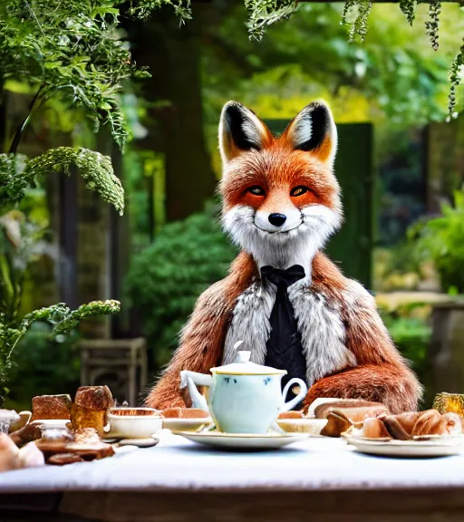 Prompt: film still from the movie chappie outdoor park plants garden scene bokeh depth of field sitting down at a table having a delicious grand victorian tea party crumpets close up masterpiece portrait of a furry anthro anthropomorphic stylized fox wearing dress