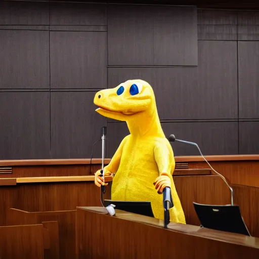 Image similar to professional photograph of an anthropomorphic yellow dinosaur wearing a suit and testifying in court, 8k, highly detailed, highly intricate, cinematic,