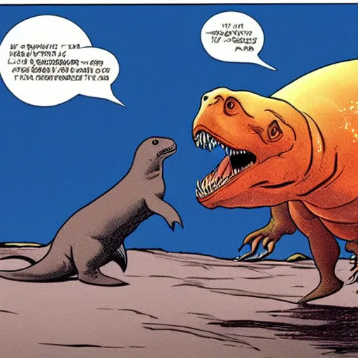 Image similar to a baby seal riding a tyrannosaurus rex, frank miller, dave gibbons, dusk lighting, clear focus, very coherent