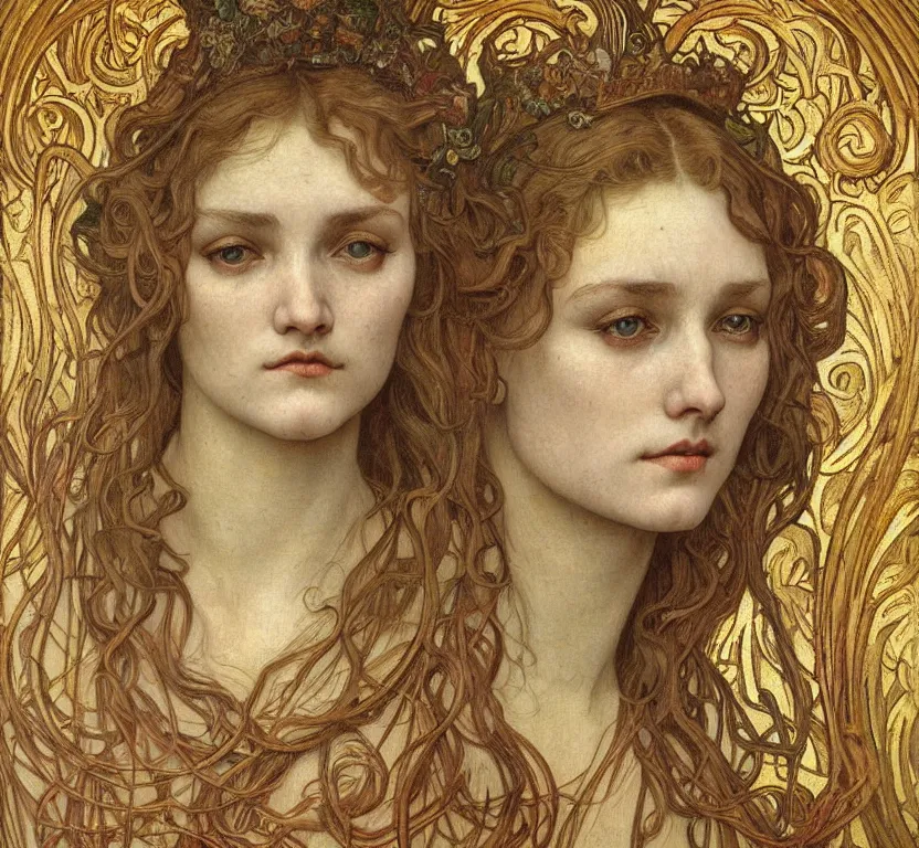 Image similar to detailed realistic beautiful young medieval queen face portrait by jean delville, alphonse mucha, vincent van gogh, and marco mazzoni, art nouveau, symbolist, visionary, gothic, pre - raphaelite