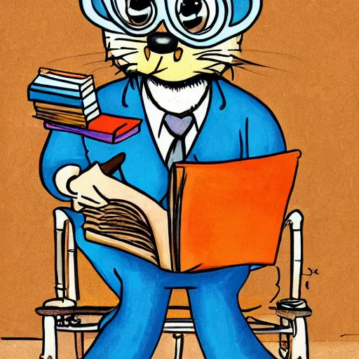 Prompt: intellectual hedgehog, smart hedgehog, hedgehog with glasses, hedgehog with pipe, sitting in chair, reading a book, painted by sergio aragones, cartoon, clean, cute, bright colors, clear lines