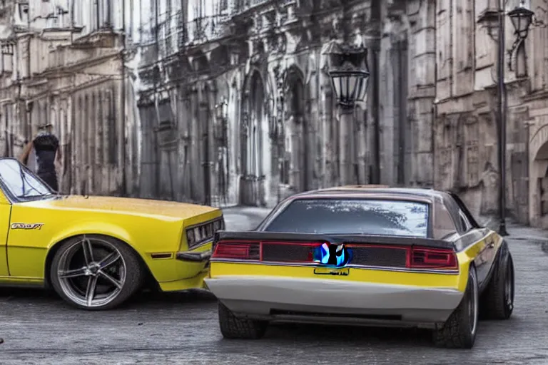 Image similar to audi camaro b 1 ( 1 9 6 9 ) drifting, need for speed : carbon, at night, neon lines, lviv historic centre, ultra phonk, phonk music background, smoke behind wheels, noise, dark, establishing shot