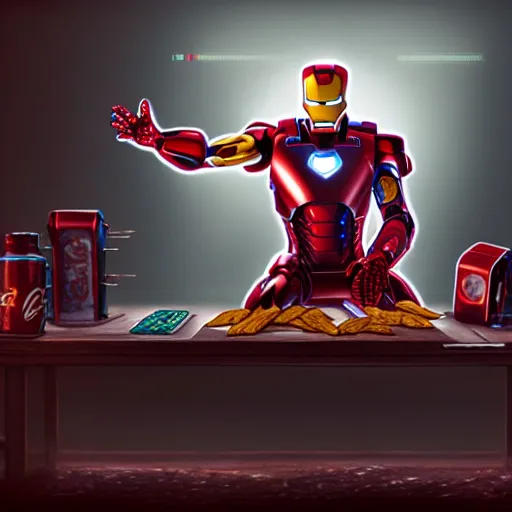 Prompt: iron man sit on chair hold chips in his hand and eats chips in front of laptop in detailed gamer room, coke and chips on table, cyberpunk concept art, trending on artstation, highly detailed, digital art, 8 k