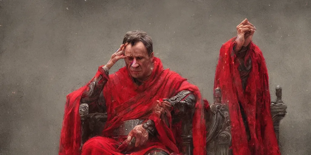 Image similar to the end is near. a tired julius caesar is sitting on his throne. face is highly detailed. splices of red are running down his toga. mist. color scheme red. low angle medium shot. imagined by jeremy lipking