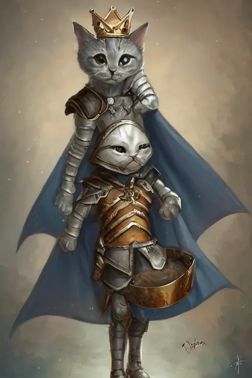 Image similar to cute little anthropomorphic cat knight wearing a cape and a crown, tiny, small, miniature cat , baby animal, short, pale blue armor, cute and adorable, pretty, beautiful, DnD character art portrait, matte fantasy painting, DeviantArt Artstation, by Jason Felix by Steve Argyle by Tyler Jacobson by Peter Mohrbacher, cinematic lighting