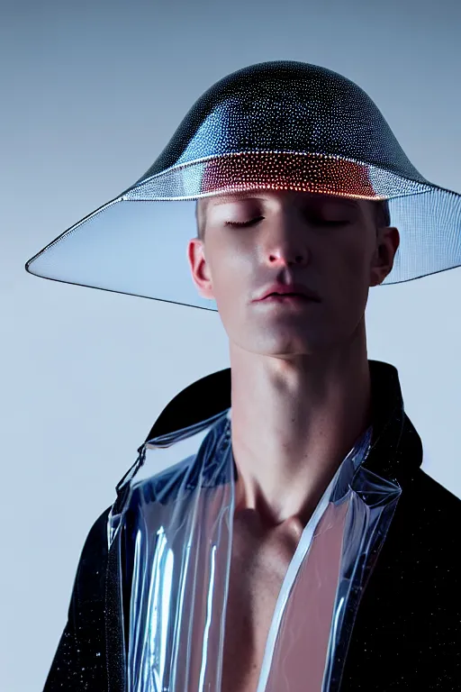 Prompt: an ultra high definition professional high fashion portrait studio full length photograph of a male model falling asleep wearing a transparent pearlescent raincoat and neon visor in an icelandic black rock environment at dawn. no artefacts. extremely detailed. stark. refraction. shallow depth of field. volumetric light and shadow. ray tracing. light rays.