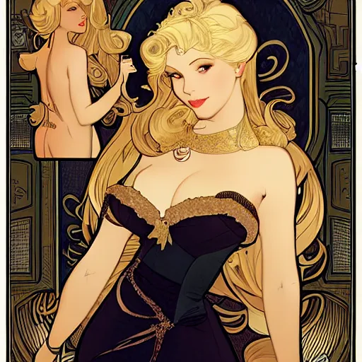 Prompt: blonde with champagne. art by mucha and wlop and disney