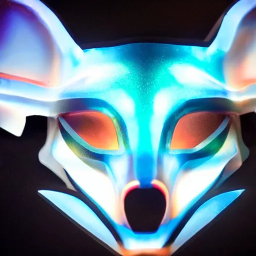 Prompt: a translucent beautiful made holographic kitsune mask in the middle of the picture, sourrounded by fod, intricate unreal engine 5 creation, movie still