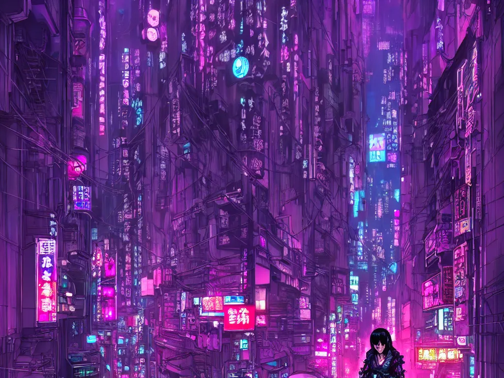 Prompt: high detailed lone dead geisha in a cyberpunk rainy city at night by Josan Gonzalez, purple and pink and blue neons, unreal engine, high quality, 4K, UHD, trending on ArtStation, wires, blade runner vibes, ghost in the shell, akira, dorohedoro