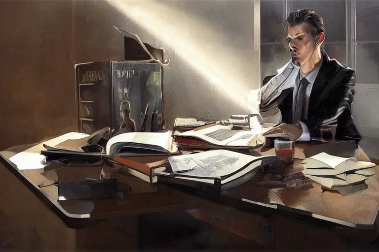 Prompt: a desk, books, a cup of coffee, computer, hyper realistic style, intricate details, digital painting, dramatic cinematic lighting by phil hale