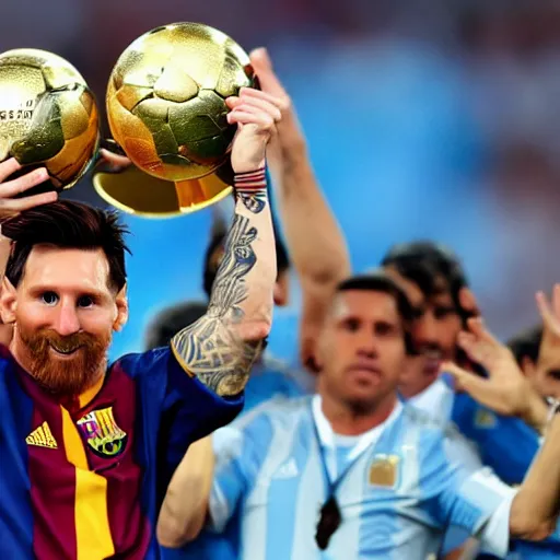 Image similar to lionel messi lifting the fifa world cup wearing the argentina shirt, extremely detailed, 9 k