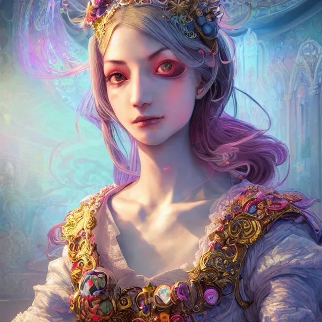 Prompt: studio portrait of neutral good rainbow colorful female cleric bard healer as absurdly beautiful, elegant, young skinny gravure idol, an ultrafine hyperdetailed illustration by irakli nadar, intricate linework, detailed faced, sharp focus, bright colors, octopath traveler, final fantasy, unreal engine 5 highly rendered, global illumination, radiant light, detailed and intricate environment