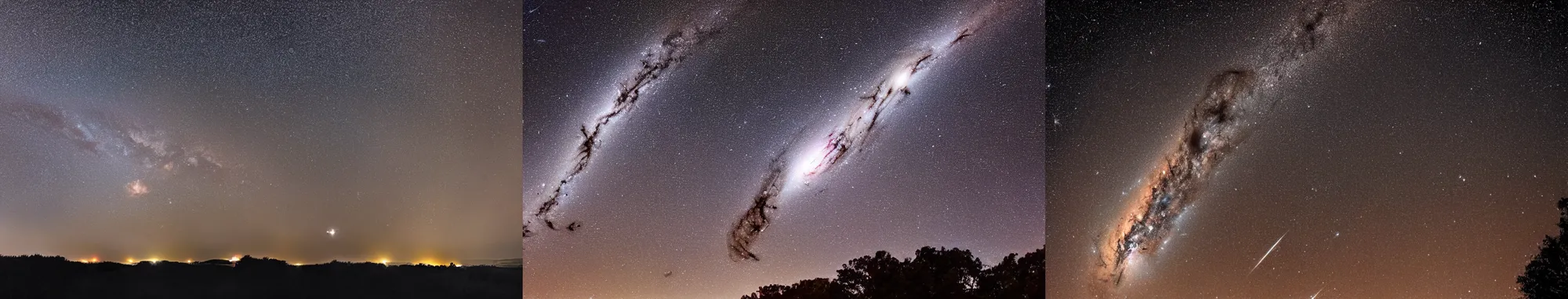 Prompt: night sky photography of the andromeda galaxy crashing into the milkyway