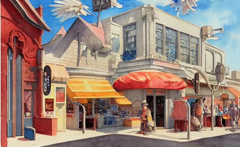 Prompt: drugstore, colorful watercolor. by rembrant, battle angel alita, ralph mcquarrie, aluminum, 1 6 6 7