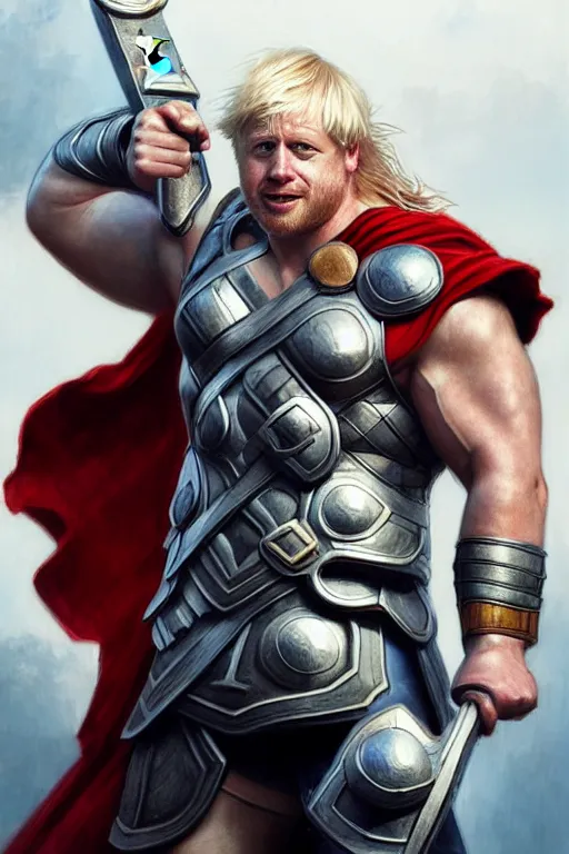 Image similar to Boris Johnson as Thor with Hammer, Thor armor, Thor hammer, masculine bodybuilder figure, highly detailed, digital painting, artstation, concept art, smooth, sharp focus, illustration, cinematic lighting, art by artgerm and greg rutkowski and alphonse mucha