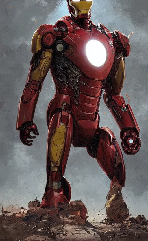 Prompt: rusty iron man, vintage comic by greg rutkowski