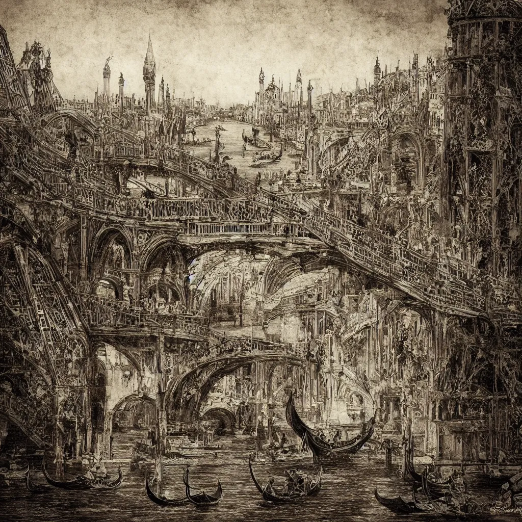 Image similar to oniric dream of the bridges of venice by piranesi, composition, cinematic, rule, grid